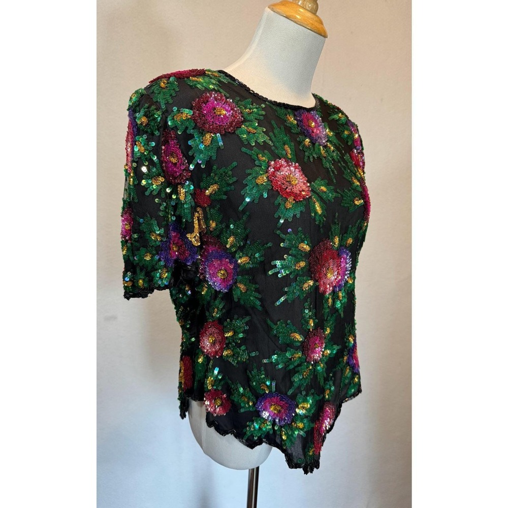 Laurence Kazar Beaded Top Womens‎ Size PM Silk Floral Vintage Zip Up - Picture 15 of 15